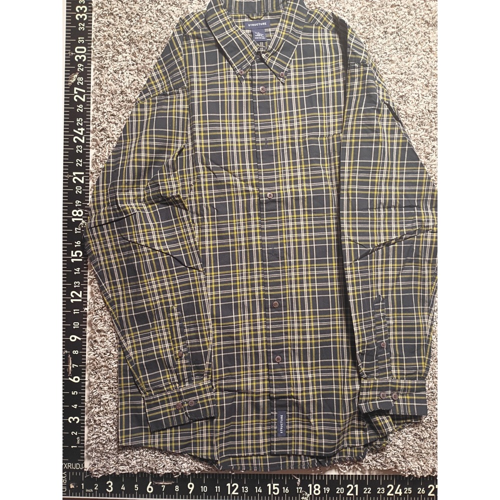 Structure Mens Plaid Button Down Shirt Large Black Yellow Cotton Long Sleeve L